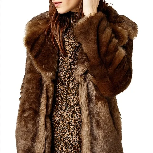 Aqua Brown Faux Fur Coat Mink Look Satin Lining Jacket Size Small - Picture 1 of 10